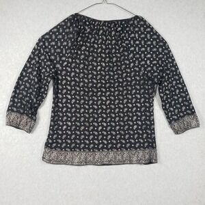 LRL Ralph Lauren Jeans Co Black Paisley Print Tie Neck 3/4 Sleeve Blouse Top L